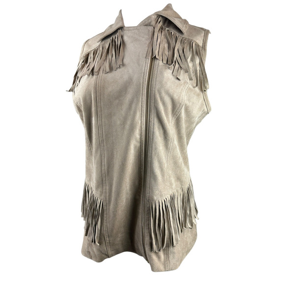Chico’s Faux Suede Fringe Vest Moto Zip Front Tan Brown Women's Size 2 Large 12 - Picture 12 of 13